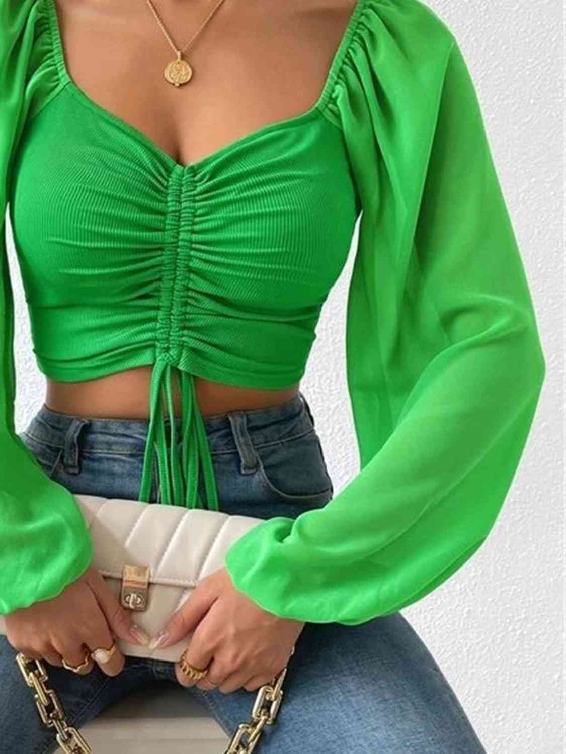 Ruched Blouse - Drawstring Sweetheart Neck Cropped Top (7501318914136)