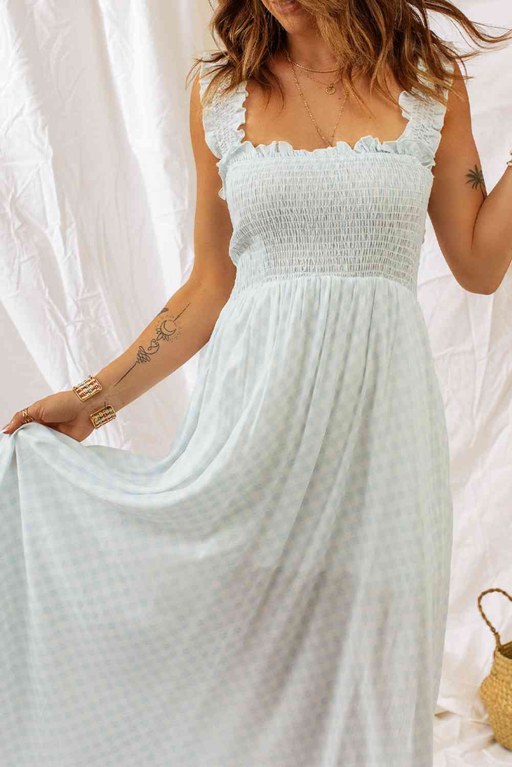 Plaid Ruffle Strap Smocked Maxi Dress (7515565555800)