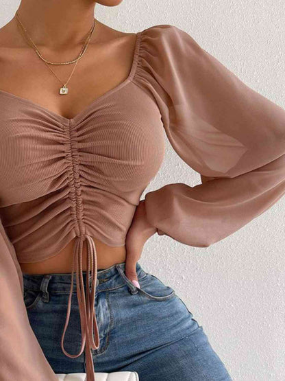 Ruched Blouse - Drawstring Sweetheart Neck Cropped Top (7501318914136)