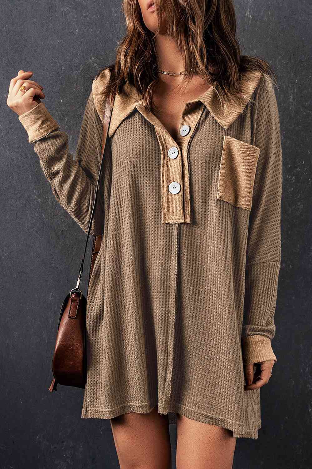 With Pocket - Waffle Knit Buttoned Long Sleeves Top (7501322911832)