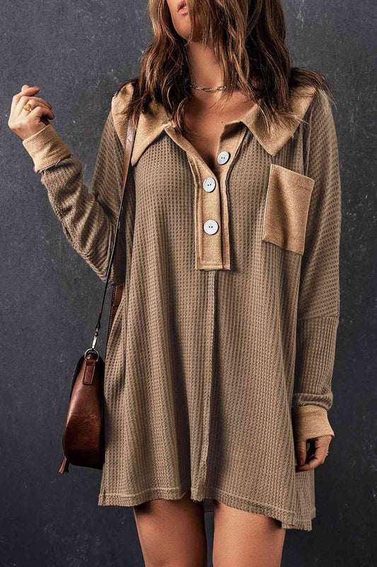 With Pocket - Waffle Knit Buttoned Long Sleeves Top (7501322911832)