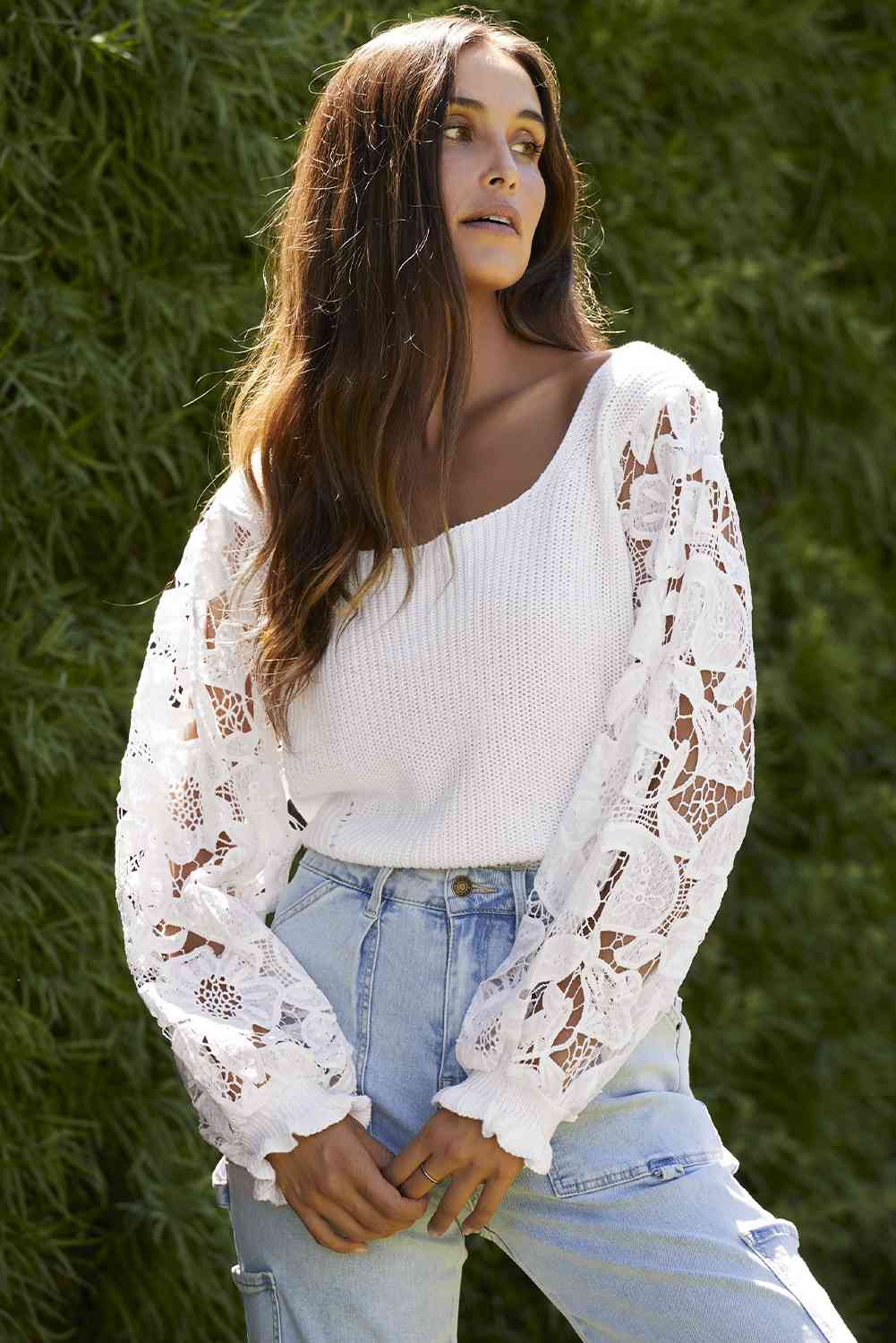 Lace Trim Flounce Sleeves Knit Top (7501316751448)