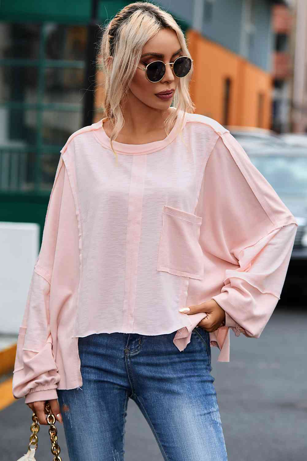 Kind-a Blouse - Exposed Seam Round Neck Top With Pocket (7501317308504)