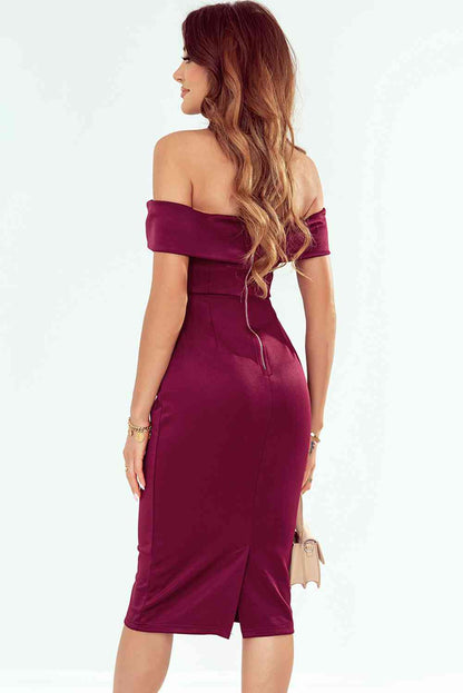 Off-Shoulder Slit Zip-Back Dress (7516377612376)