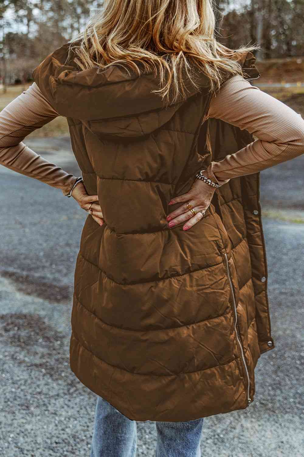 Longline Hooded Sleeveless Puffer Vest (7484291383384)