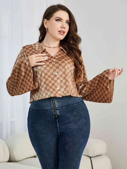 Plus-Size Checkered Johnny Collar Flare Sleeve Shirt (7484804923480)