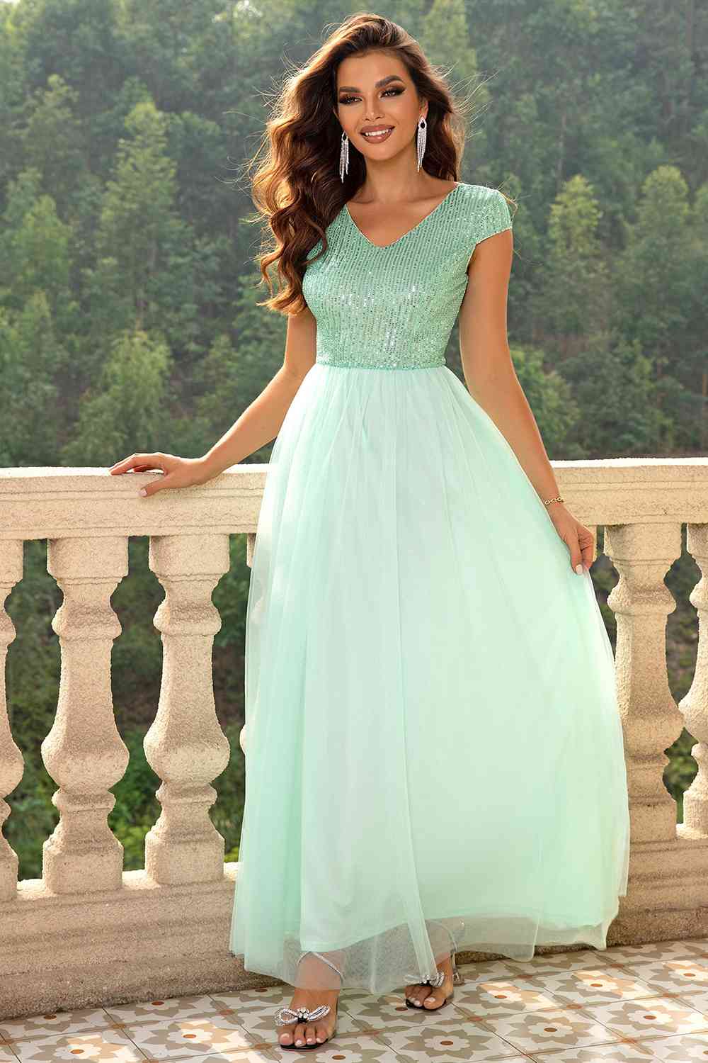 Sequin V-Neck Mesh Maxi Dress (7515520761944)