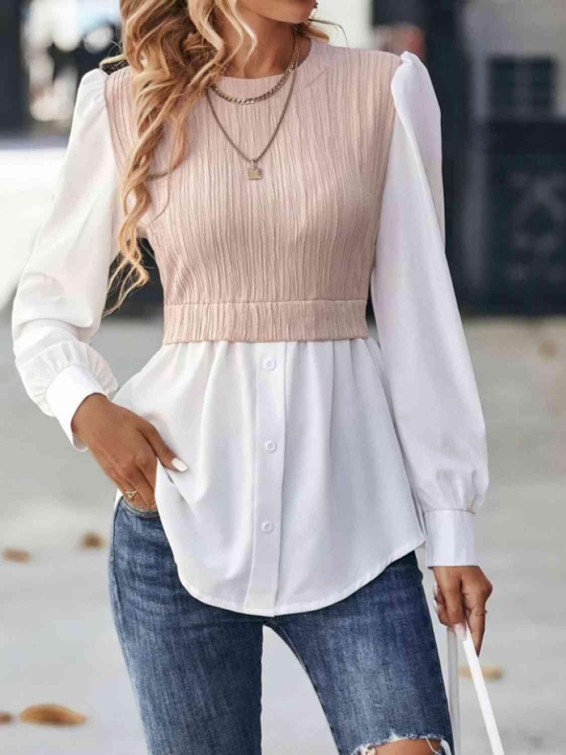 Blouse Like That - Contrast Round Neck Puff Sleeve Blouse (7501314064472)