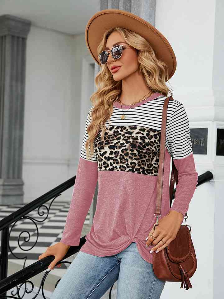 Leopardcheetahprint - Color Block Round Neck Long Sleeve Blouse (7501317439576)