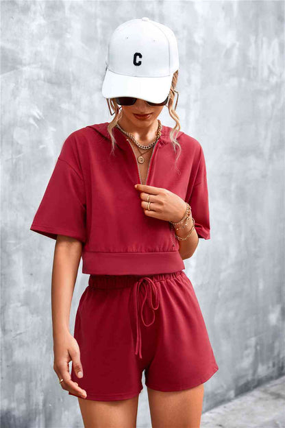 Half-Zip - Cropped Hooded T-Shirt and Shorts Set (7501483180120)
