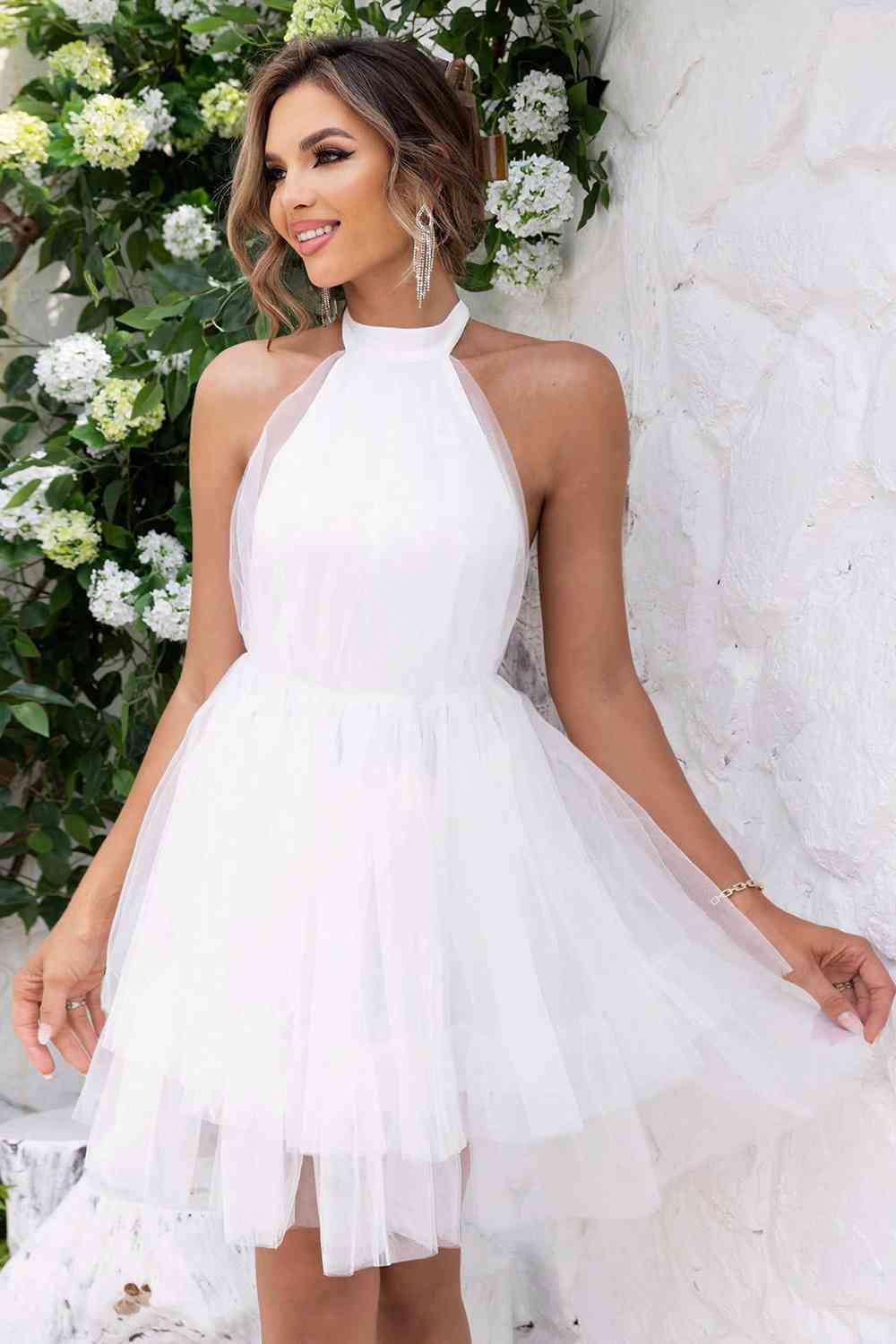 Mini-Bow - Halter Neck Backless Mesh Dress (7515676672088)