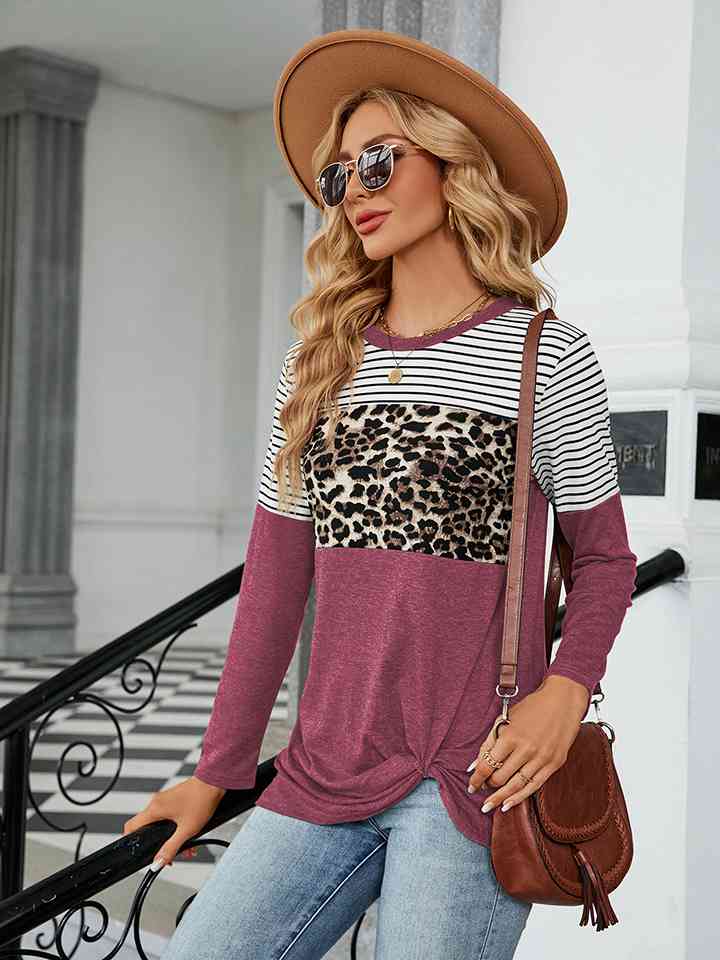 Leopardcheetahprint - Color Block Round Neck Long Sleeve Blouse (7501317439576)