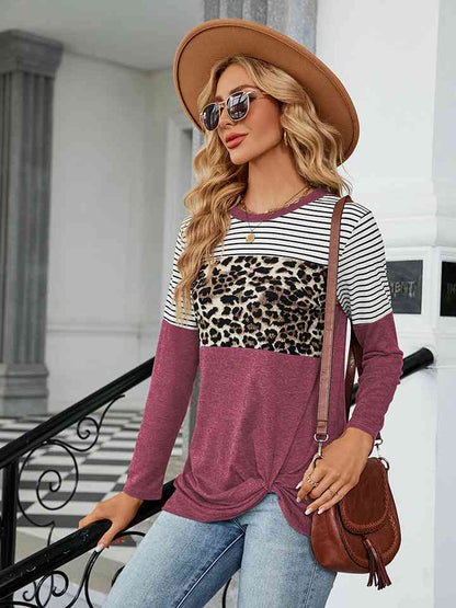 Leopardcheetahprint - Color Block Round Neck Long Sleeve Blouse (7501317439576)
