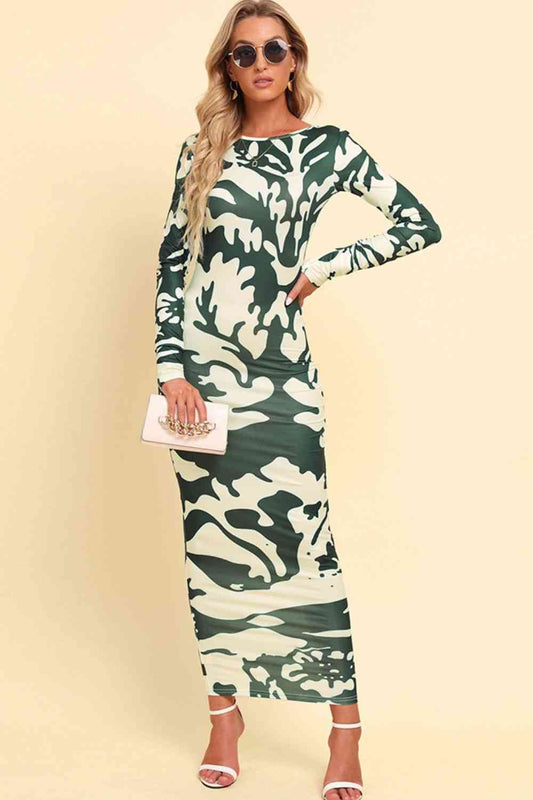 Printed Backless Long Sleeves Maxi Dress (7515565260888)