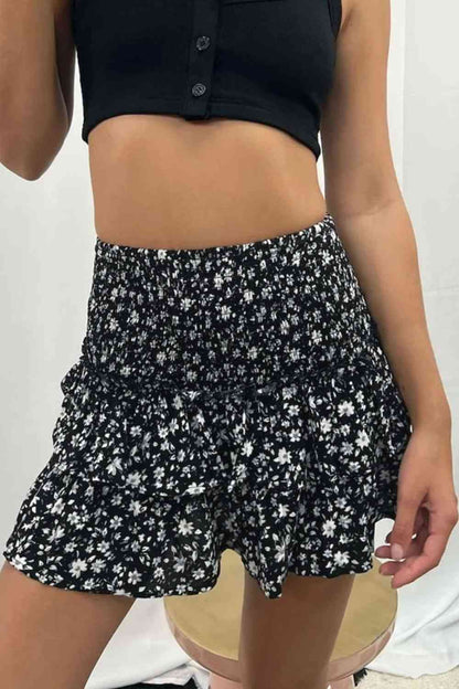Printed Frill Trim Smocked Mini Skirt (7500878348376)