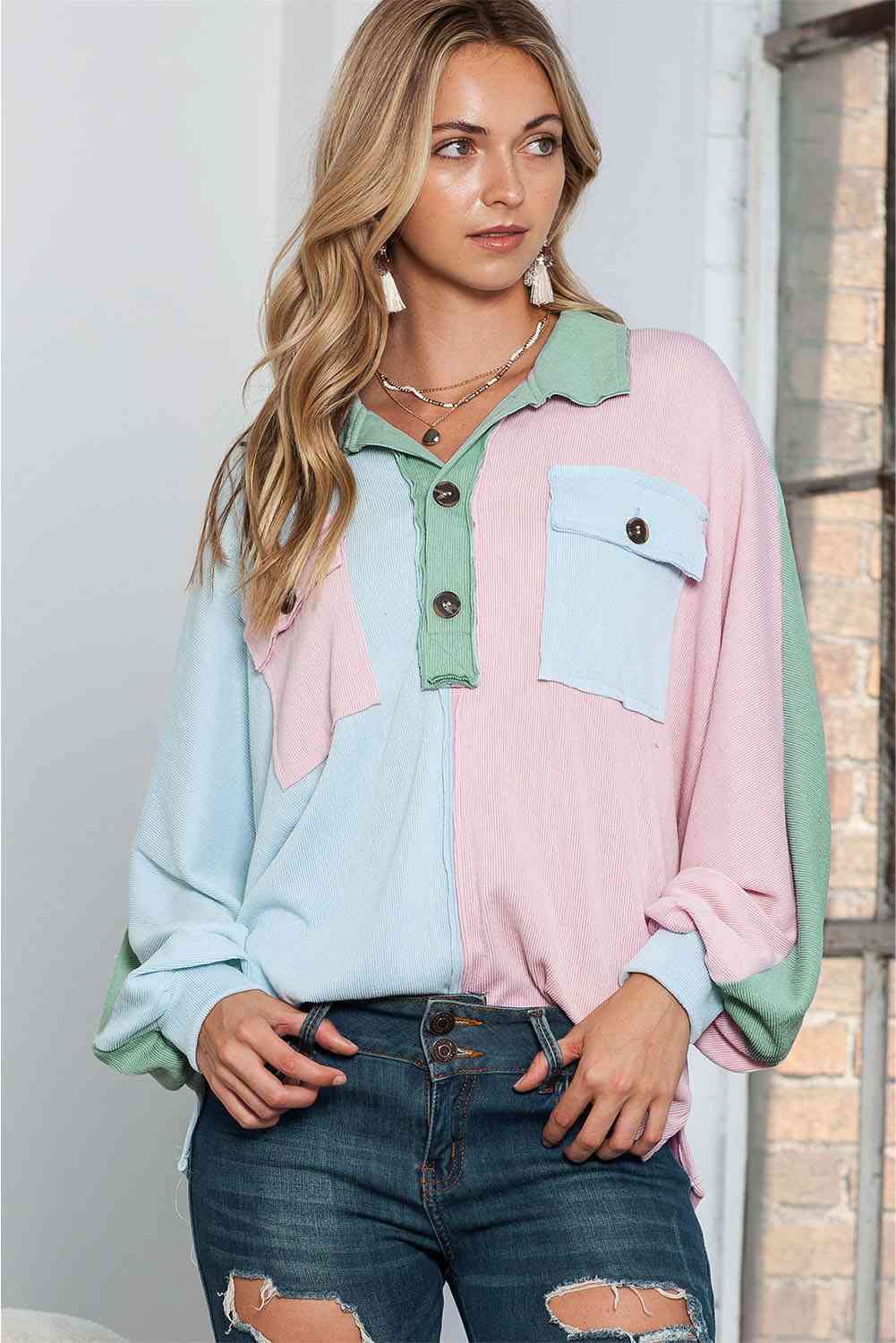 Multi-Color Exposed Seam Color Block Ribbed Henley Top (7501316325464)