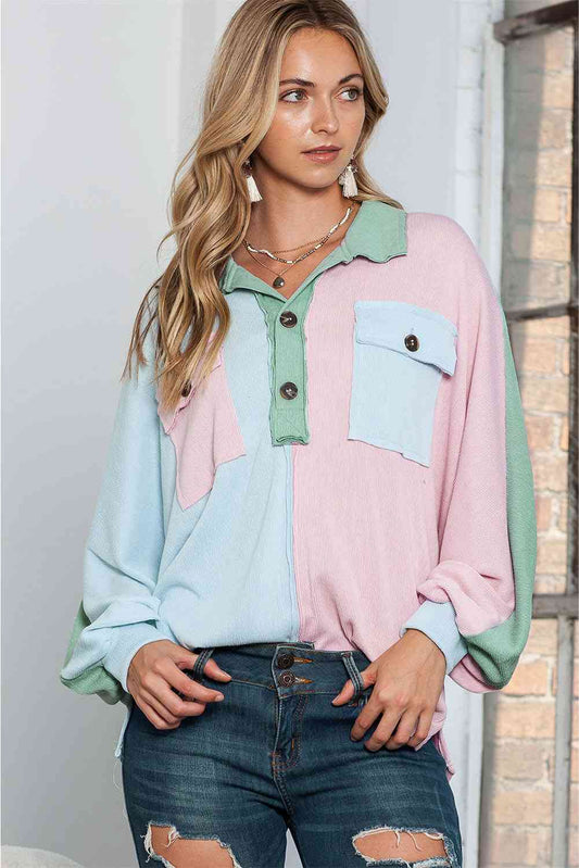 Multi-Color Exposed Seam Color Block Ribbed Henley Top (7501316325464)
