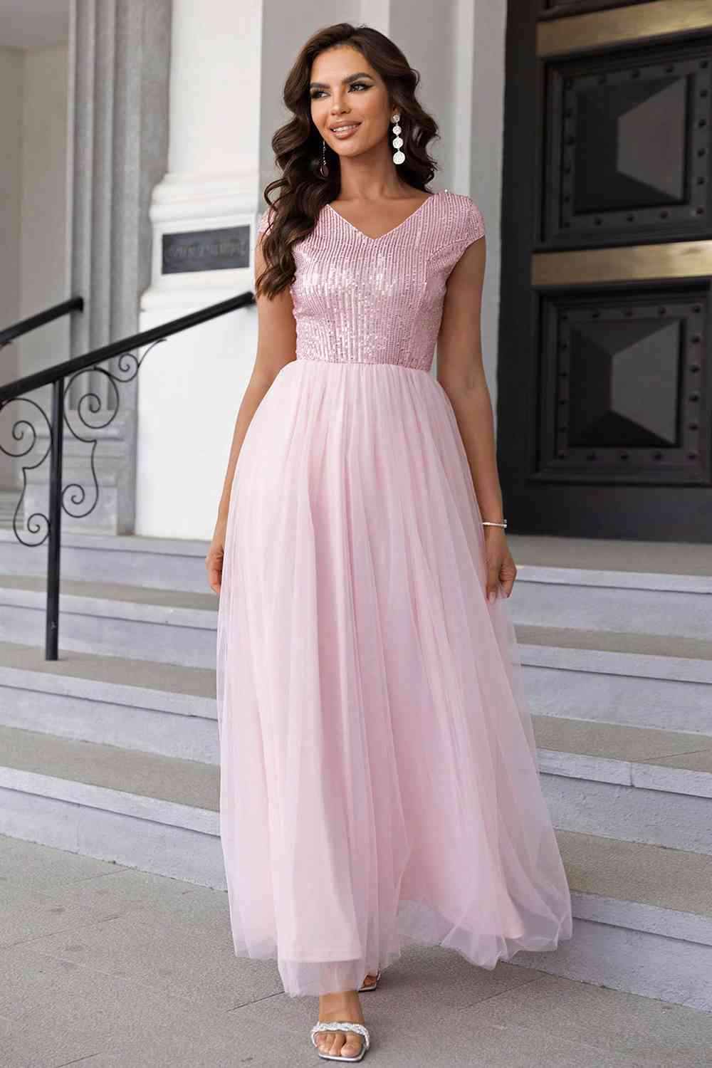 Sequin V-Neck Mesh Maxi Dress (7515520761944)