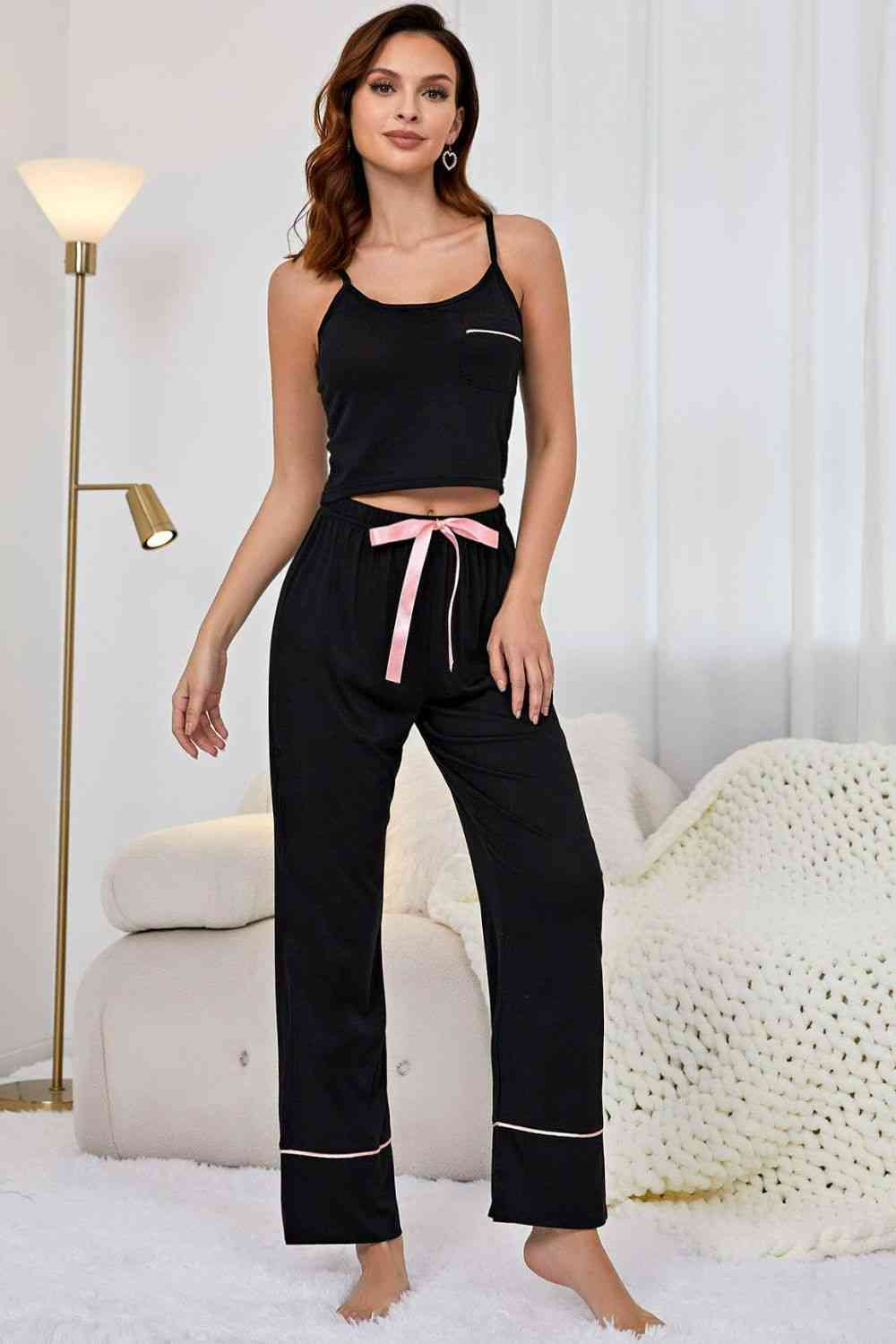Pajam - Contrast Trim Cropped Cami and Pants Loungewear Set (7501479182424)
