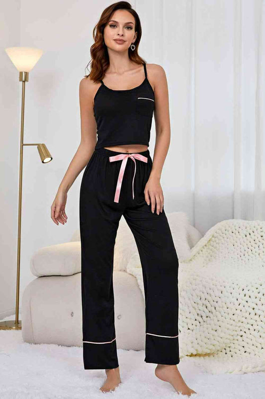 Pajam - Contrast Trim Cropped Cami and Pants Loungewear Set (7501479182424)