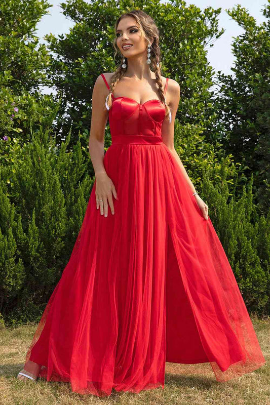 Spaghetti Strap Sweetheart - Neck Split Dress (7515507425368)