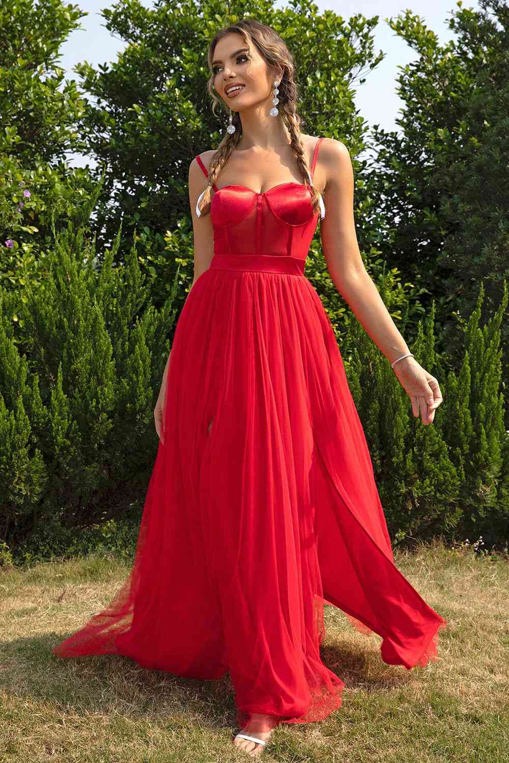 Spaghetti Strap Sweetheart - Neck Split Dress (7515507425368)