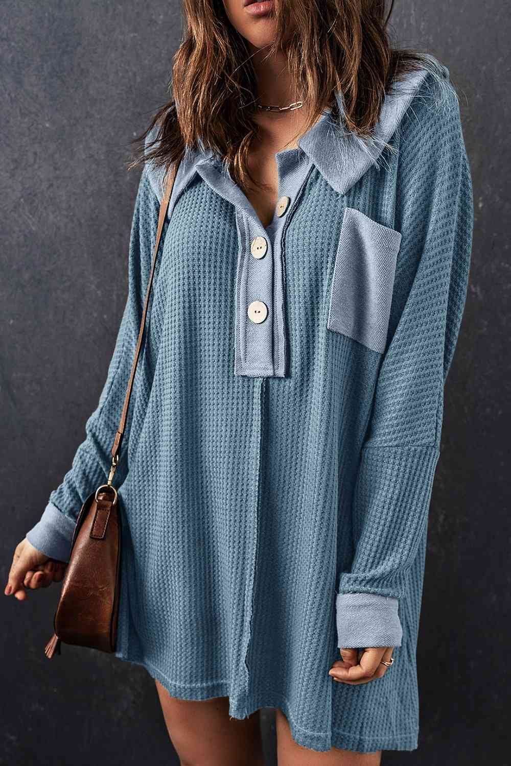 With Pocket - Waffle Knit Buttoned Long Sleeves Top (7501322911832)