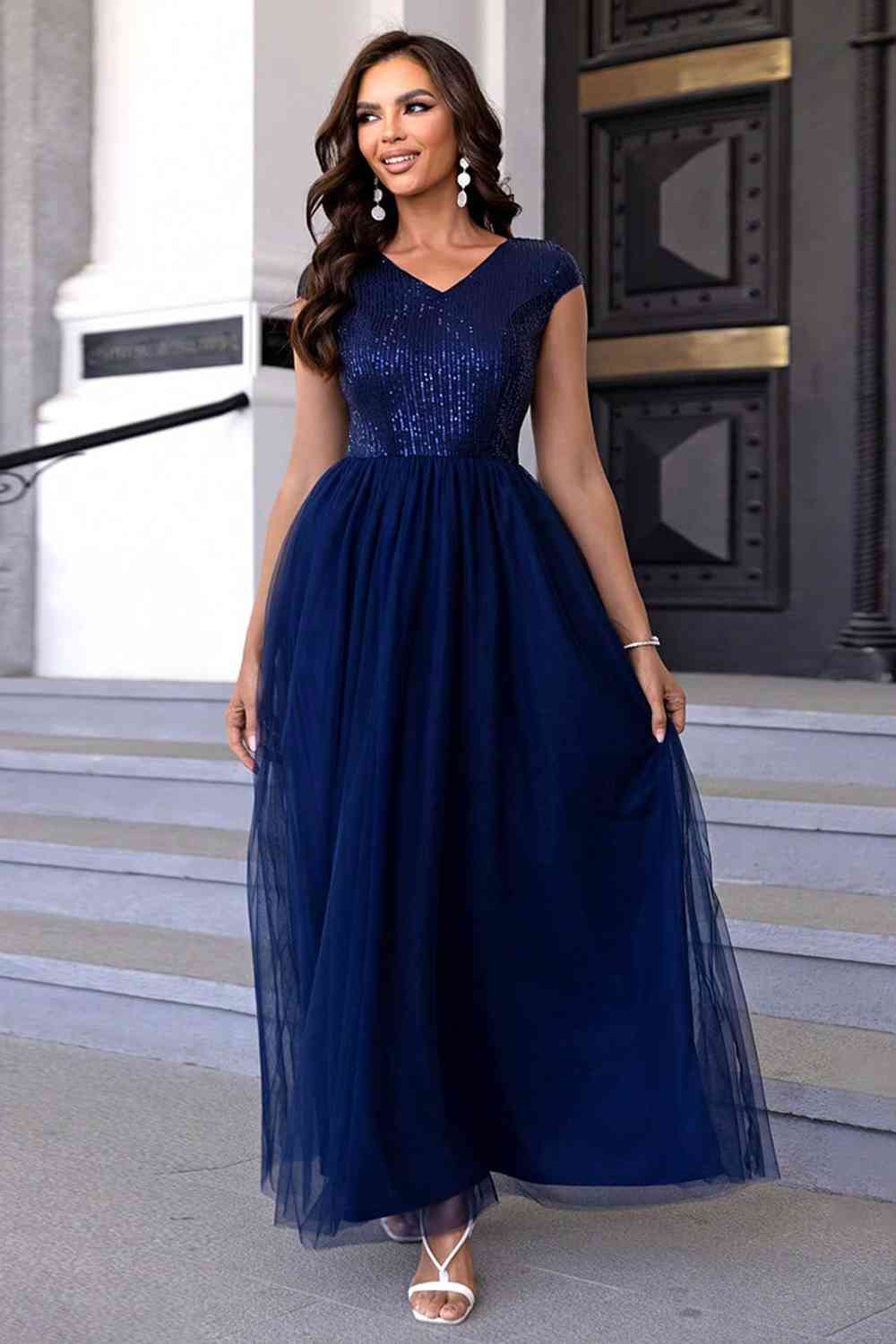 Sequin V-Neck Mesh Maxi Dress (7515520761944)
