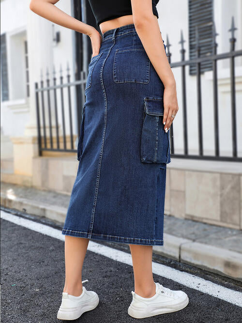 Midi Denim Skirt - Slit Denim Skirt With Pockets (7484158574680)