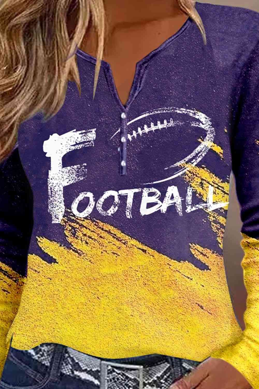 FOOTBALL Graphic Notched Neck Long Sleeve T-Shirt (7501330514008)