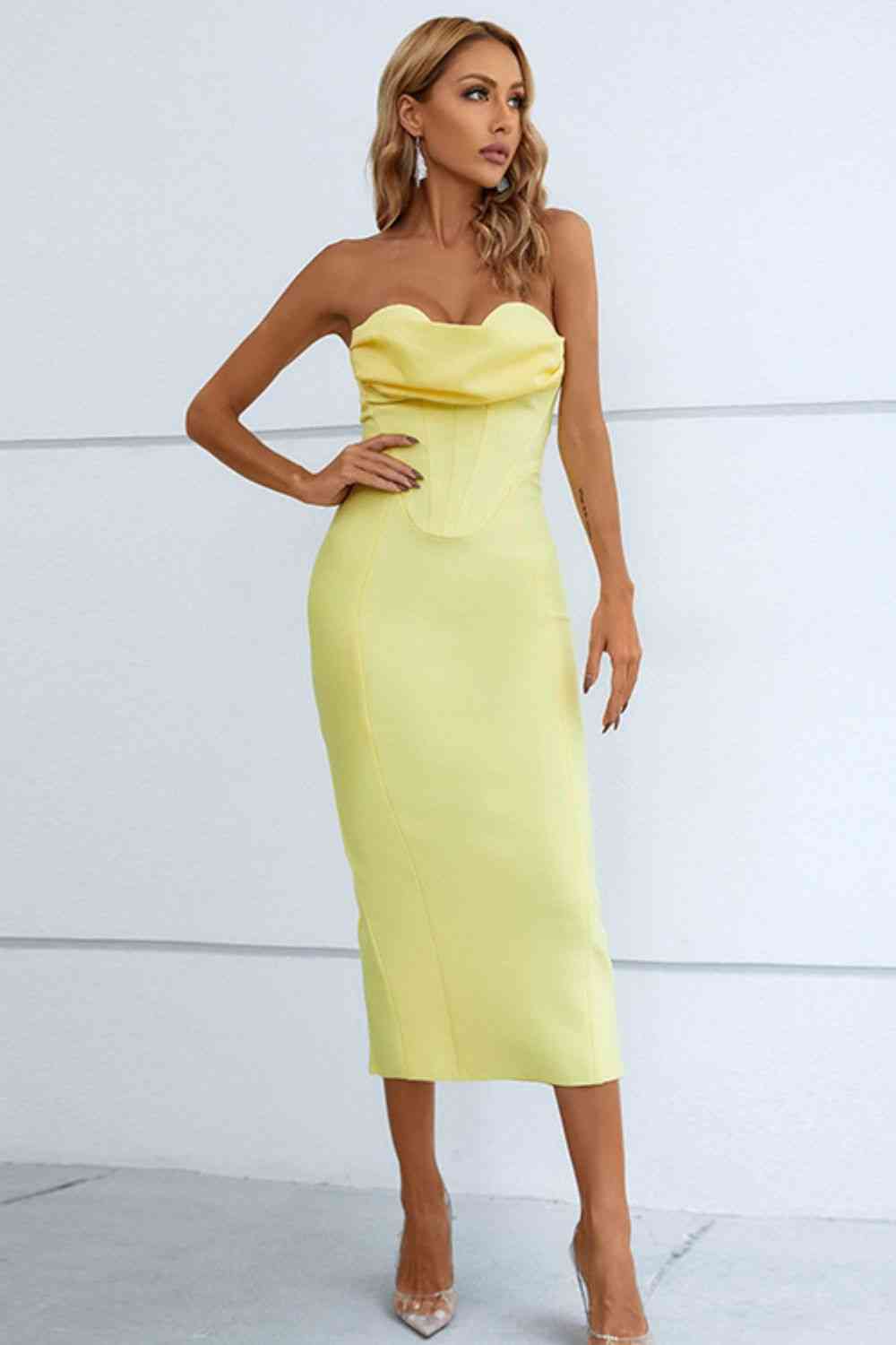 Seam Detail Strapless Sweetheart Neck Dress (7516385083480)