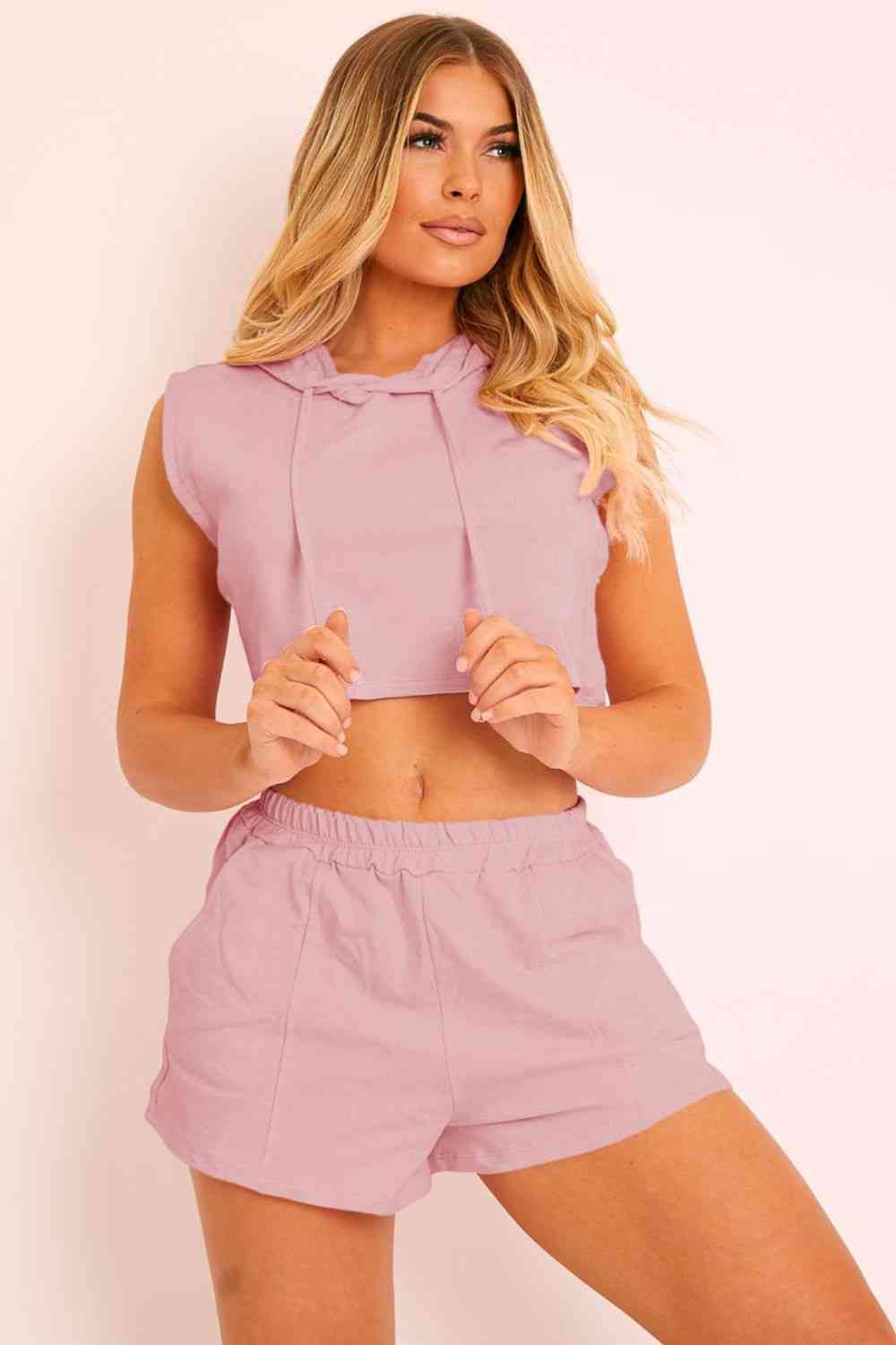 Feelin' Sporty - Hooded Crop Top & Pocketed Shorts Set (7501480034392)