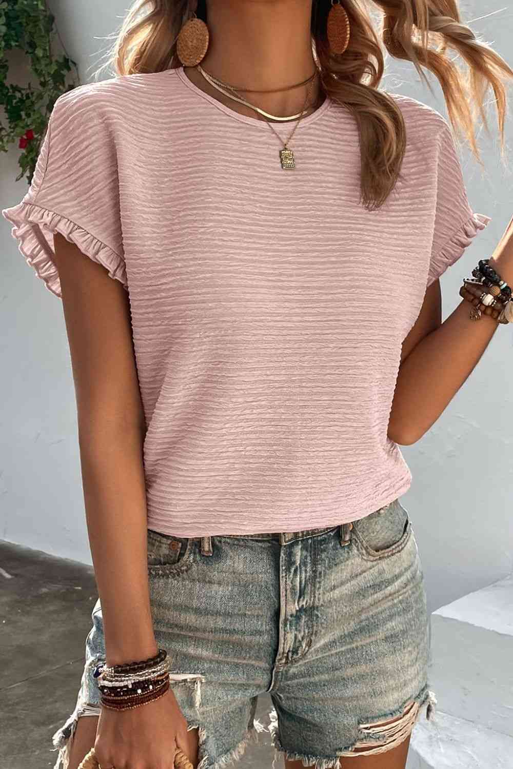 Textured Round Neck - Short-Sleeves Top (7501317767256)