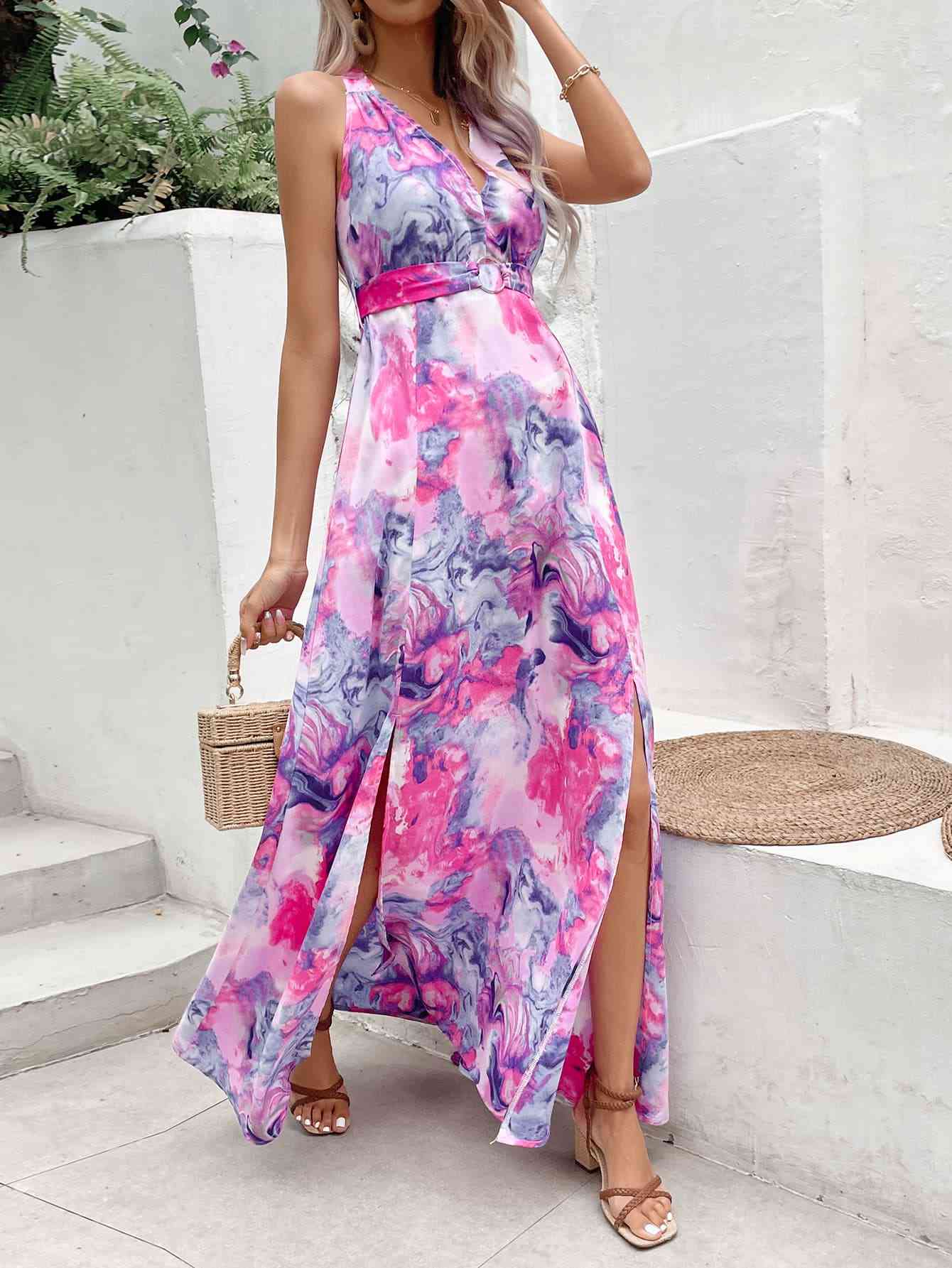 Printed Open Back Slit Sleeveless Dress (7515561984088)