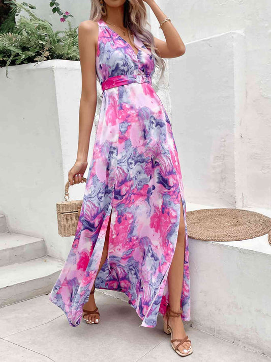 Printed Open Back Slit Sleeveless Dress (7515561984088)
