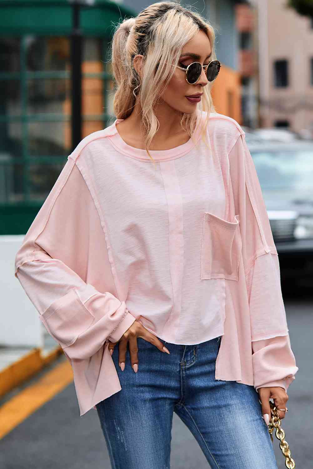 Kind-a Blouse - Exposed Seam Round Neck Top With Pocket (7501317308504)