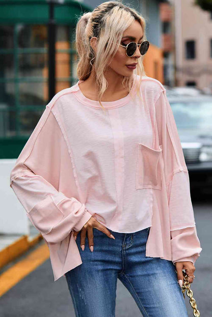 Kind-a Blouse - Exposed Seam Round Neck Top With Pocket (7501317308504)