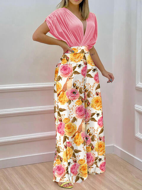 Printed Surplice Top & Wide Leg Pants Set (7484243705944)
