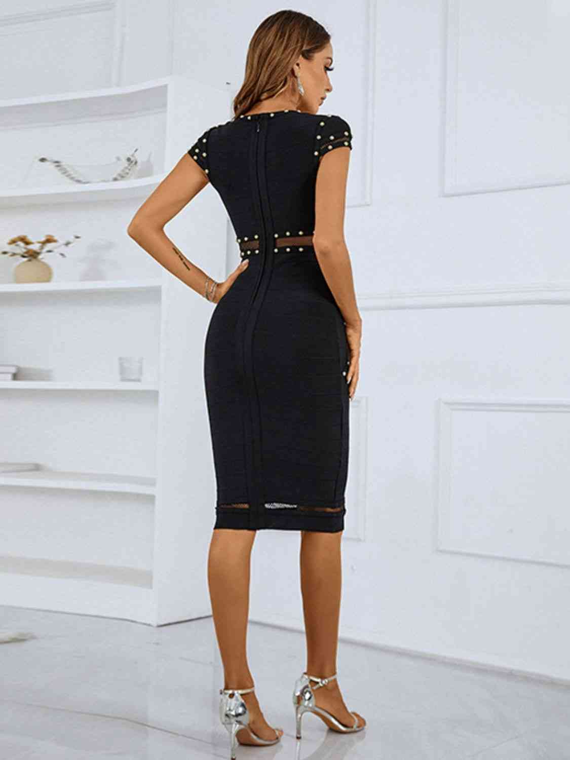 Studded Spliced - Mesh V-Neck Dress (7516410282072)