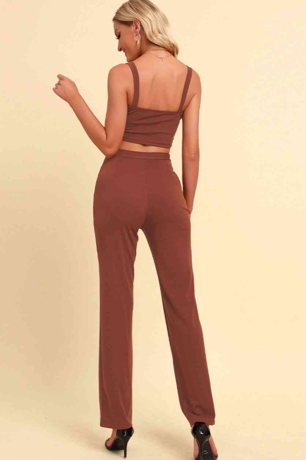 Chain Detail - Cropped Cami and Straight Leg Pants Set (7501465550936)