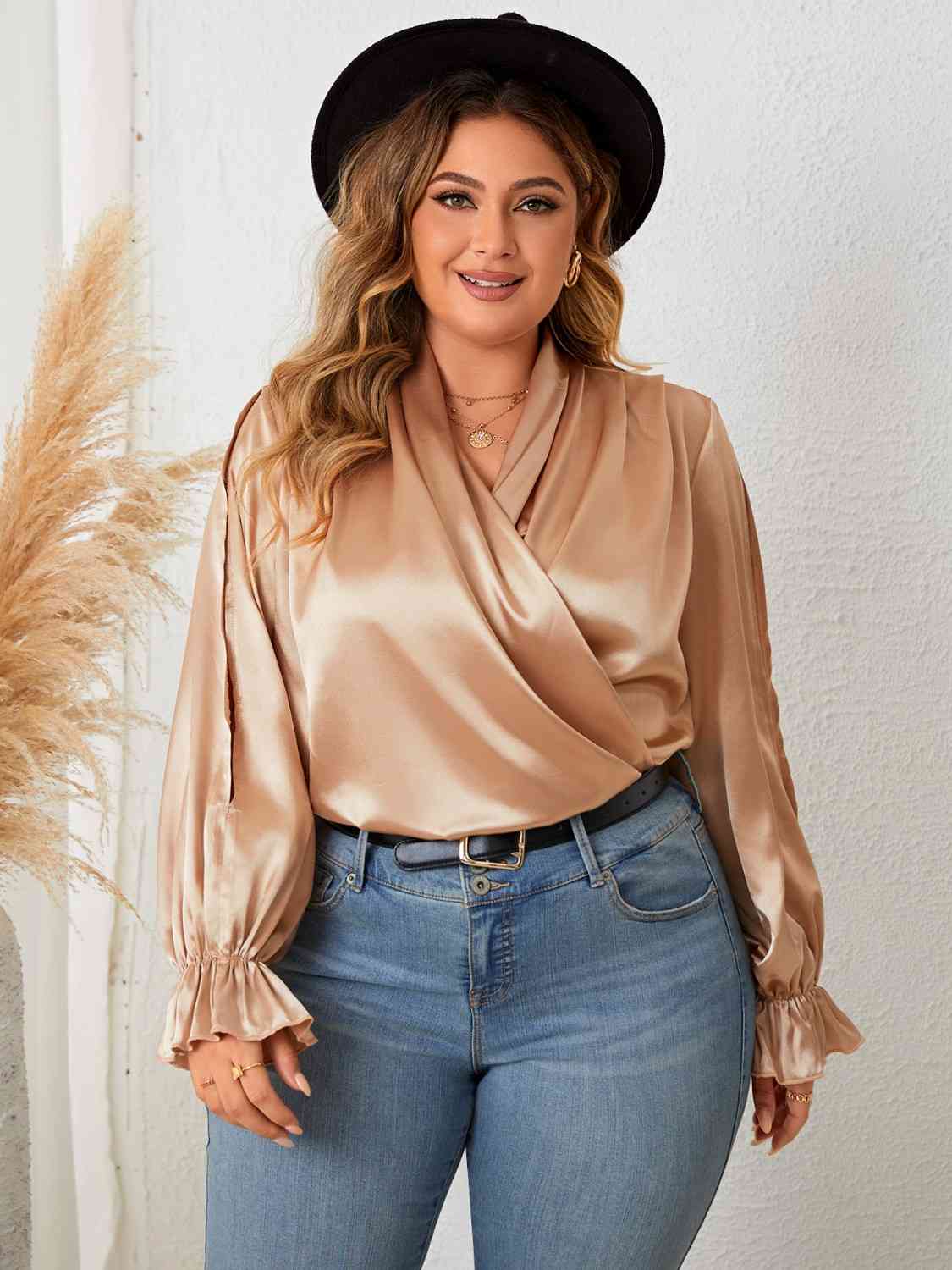 Plus-Size Surplice Neck Flounce Sleeve Blouse (7501328646232)