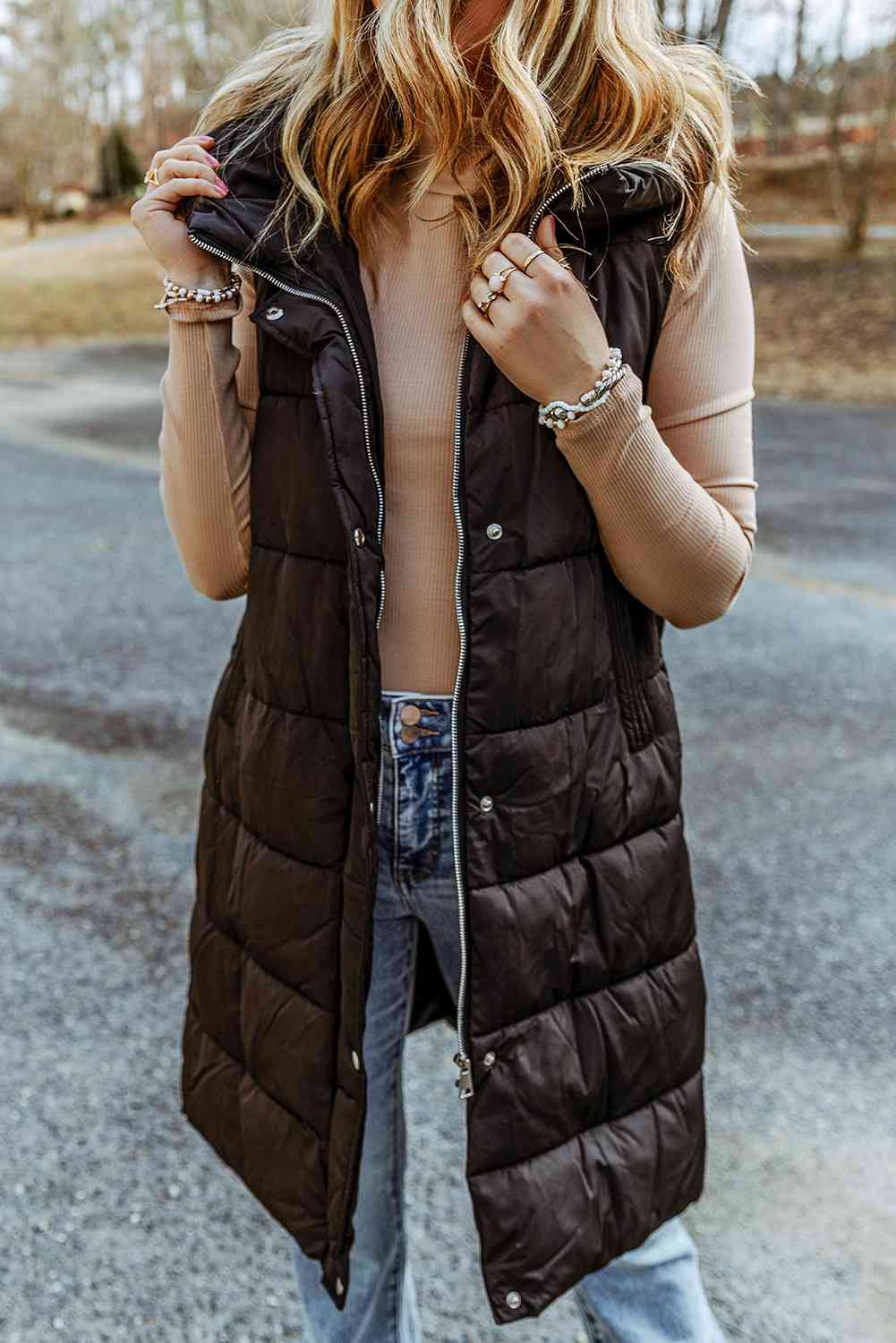 Longline Hooded Sleeveless Puffer Vest (7484291383384)