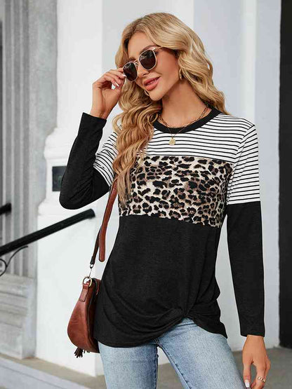 Leopardcheetahprint - Color Block Round Neck Long Sleeve Blouse (7501317439576)