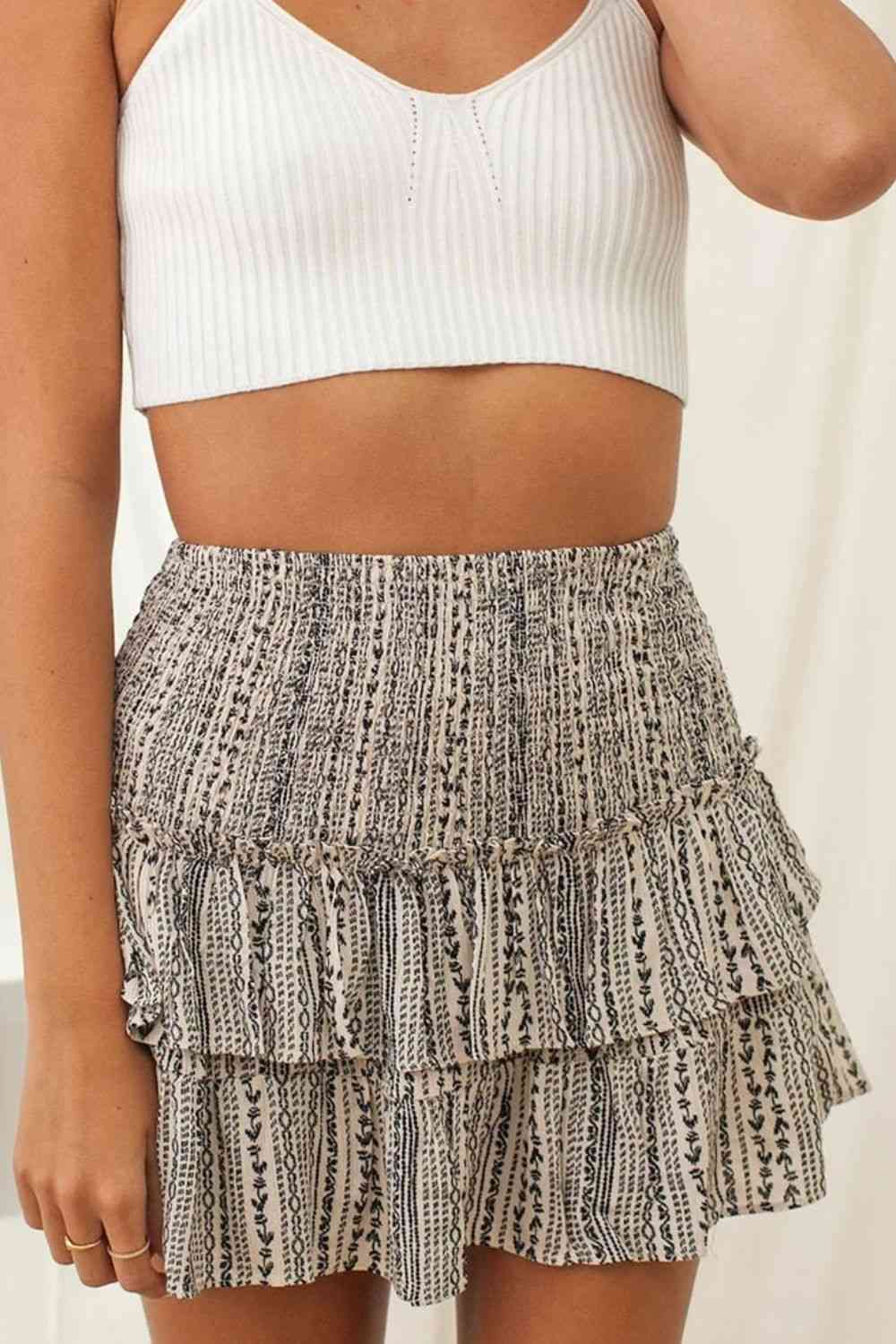 Printed Frill Trim Smocked Mini Skirt (7500878348376)