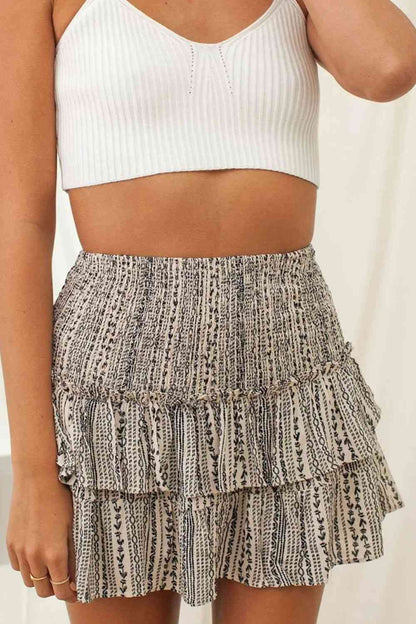 Printed Frill Trim Smocked Mini Skirt (7500878348376)