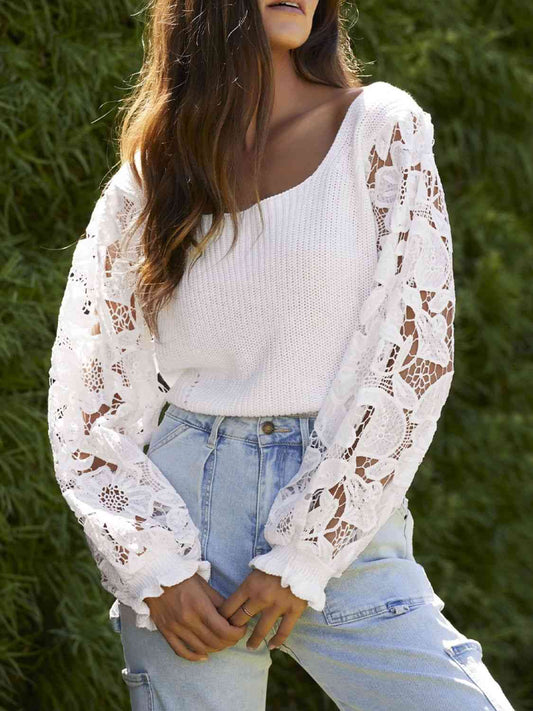 Lace Trim Flounce Sleeves Knit Top (7501316751448)