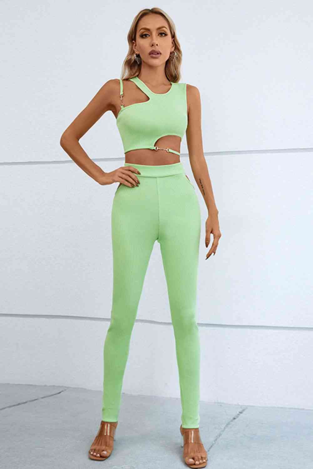 Tanks & Pants - Asymmetrical Ribbed Cut-Out Tank and Pants Set (7501469122648)