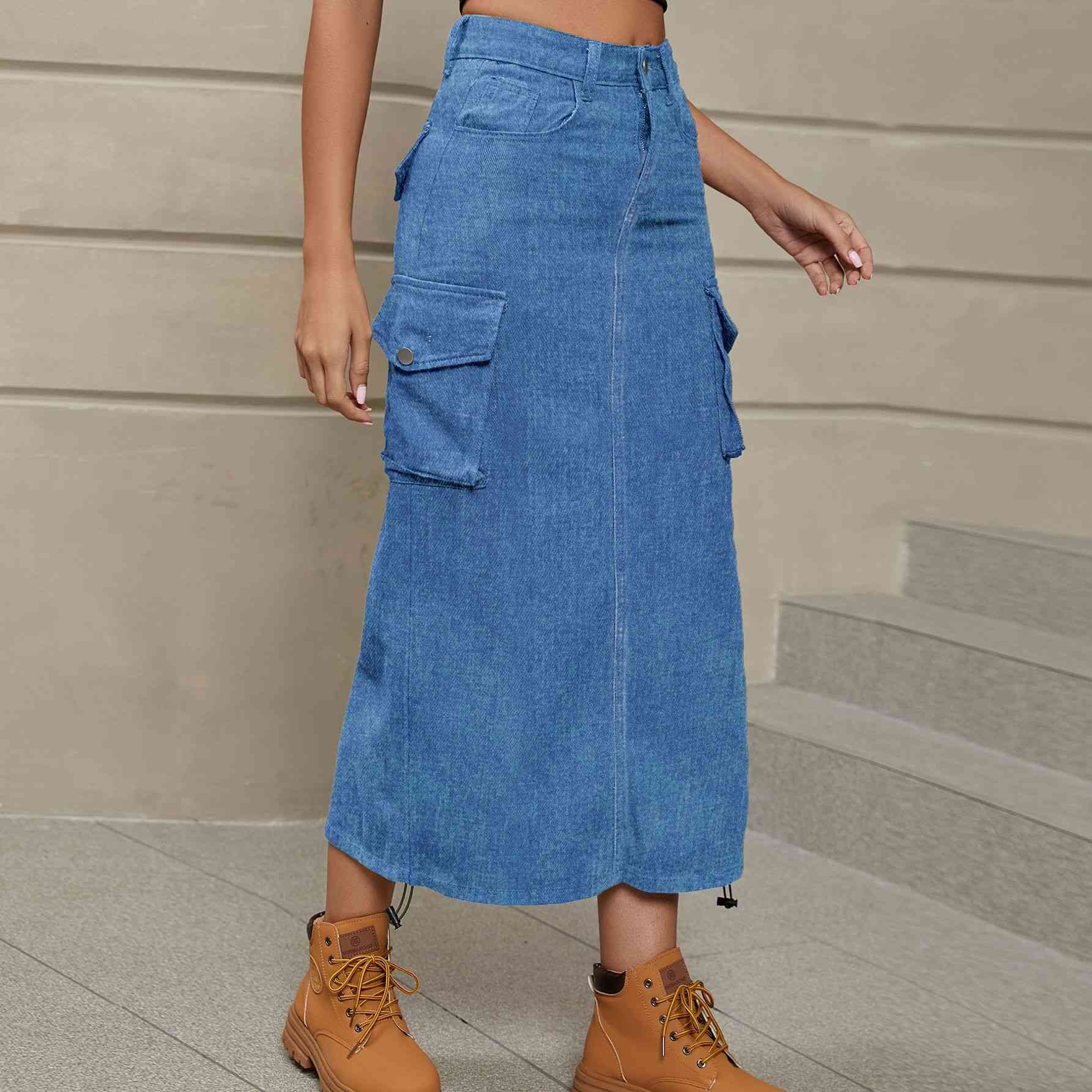 Ruch - Drawstring Ruched Slit Denim Midi Skirt (7500878020696)