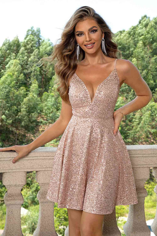 Tan/Green - Sequins Spaghetti Straps Dress (7505548247128)
