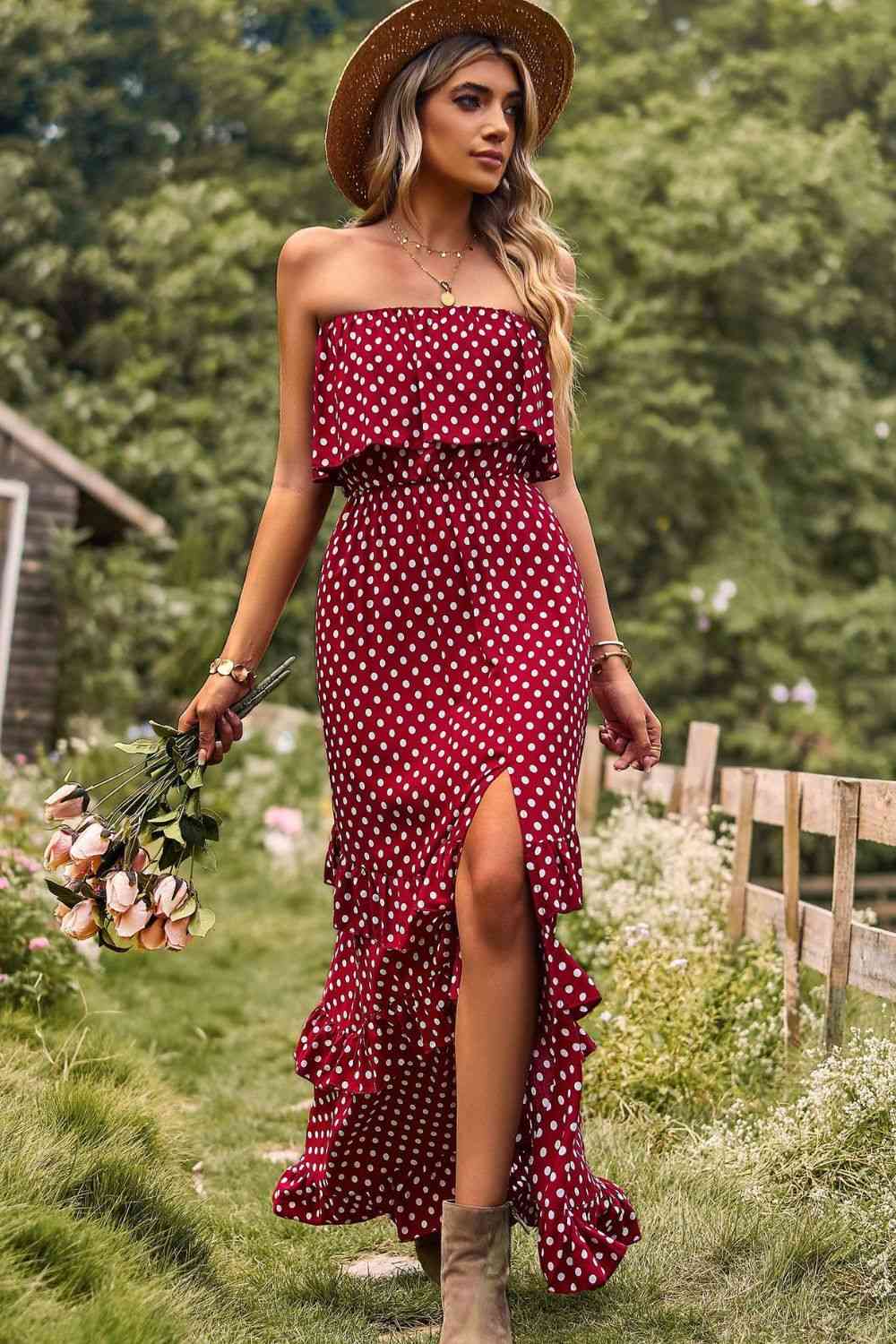 Polka Dot Strapless Slit Ruffled Maxi Dress (7515558805592)